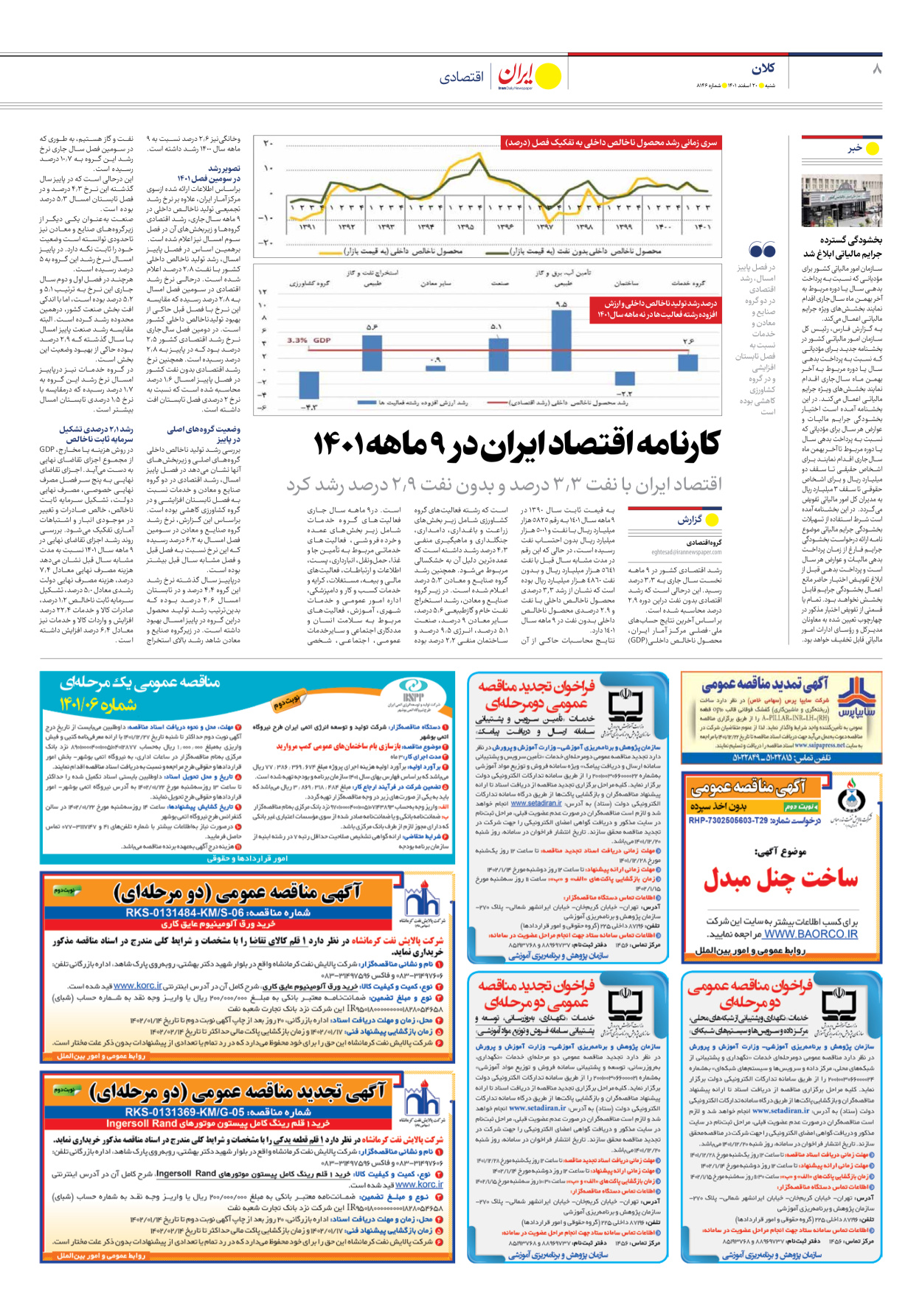 روزنامه ایران - شماره هشت هزار و صد و چهل و شش - ۲۰ اسفند ۱۴۰۱ - صفحه ۸