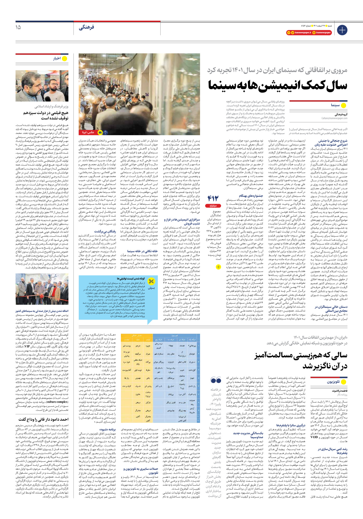 روزنامه ایران - شماره هشت هزار و صد و پنجاه و دو - ۲۷ اسفند ۱۴۰۱ - صفحه ۱۵