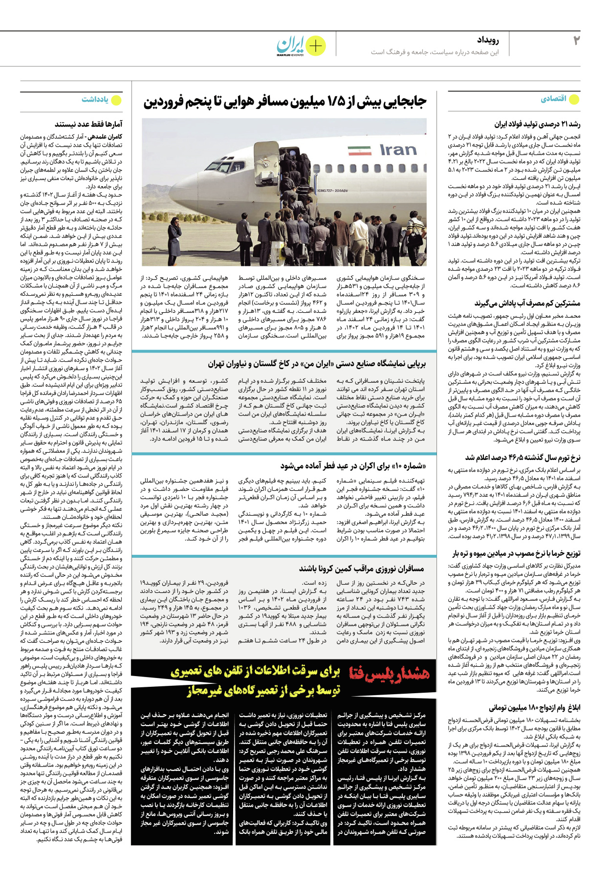 روزنامه ایران - ویژه نامه پلاس نوروز ۱۱ - ۰۹ فروردین ۱۴۰۲ - صفحه ۲