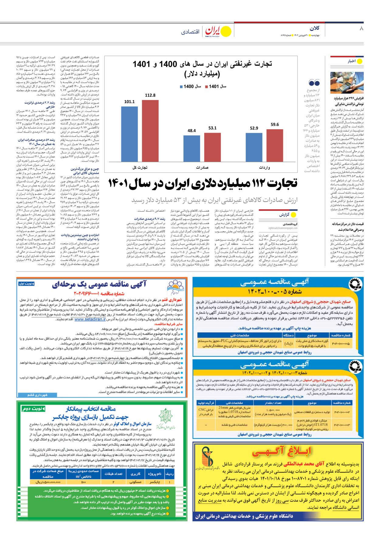 روزنامه ایران - شماره هشت هزار و صد و شصت و پنج - ۳۰ فروردین ۱۴۰۲ - صفحه ۸