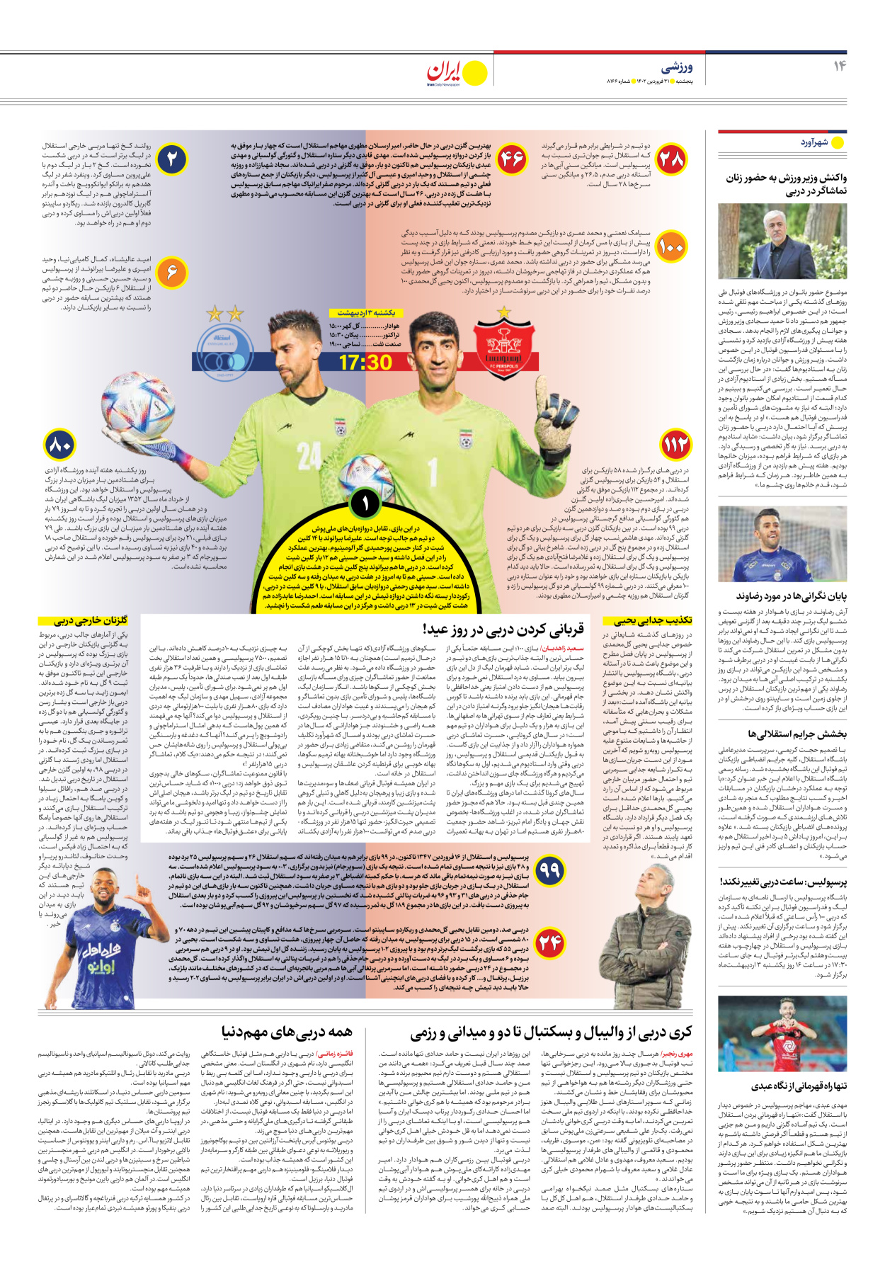 روزنامه ایران - شماره هشت هزار و صد و شصت و شش - ۳۱ فروردین ۱۴۰۲ - صفحه ۱۴