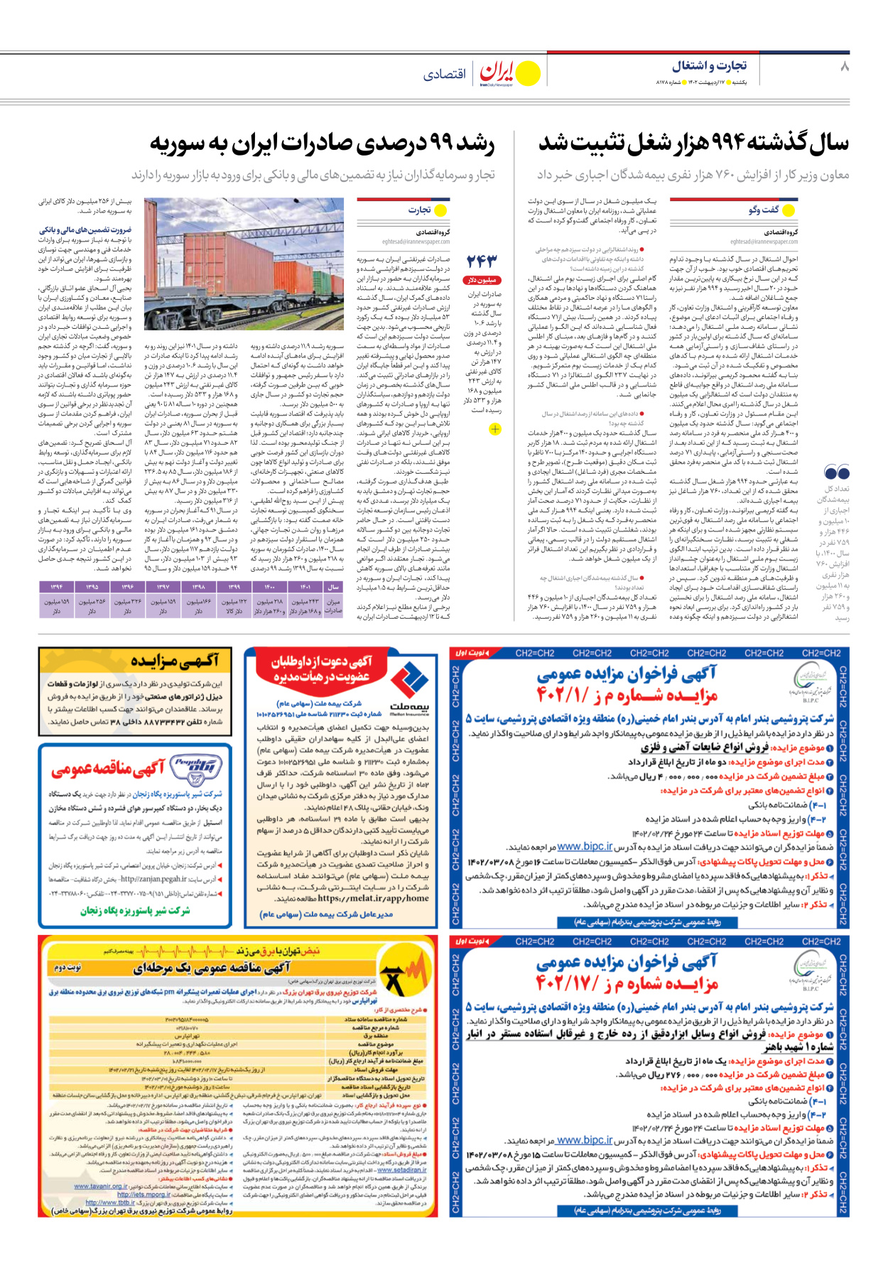 روزنامه ایران - شماره هشت هزار و صد و هفتاد و هشت - ۱۷ اردیبهشت ۱۴۰۲ - صفحه ۸
