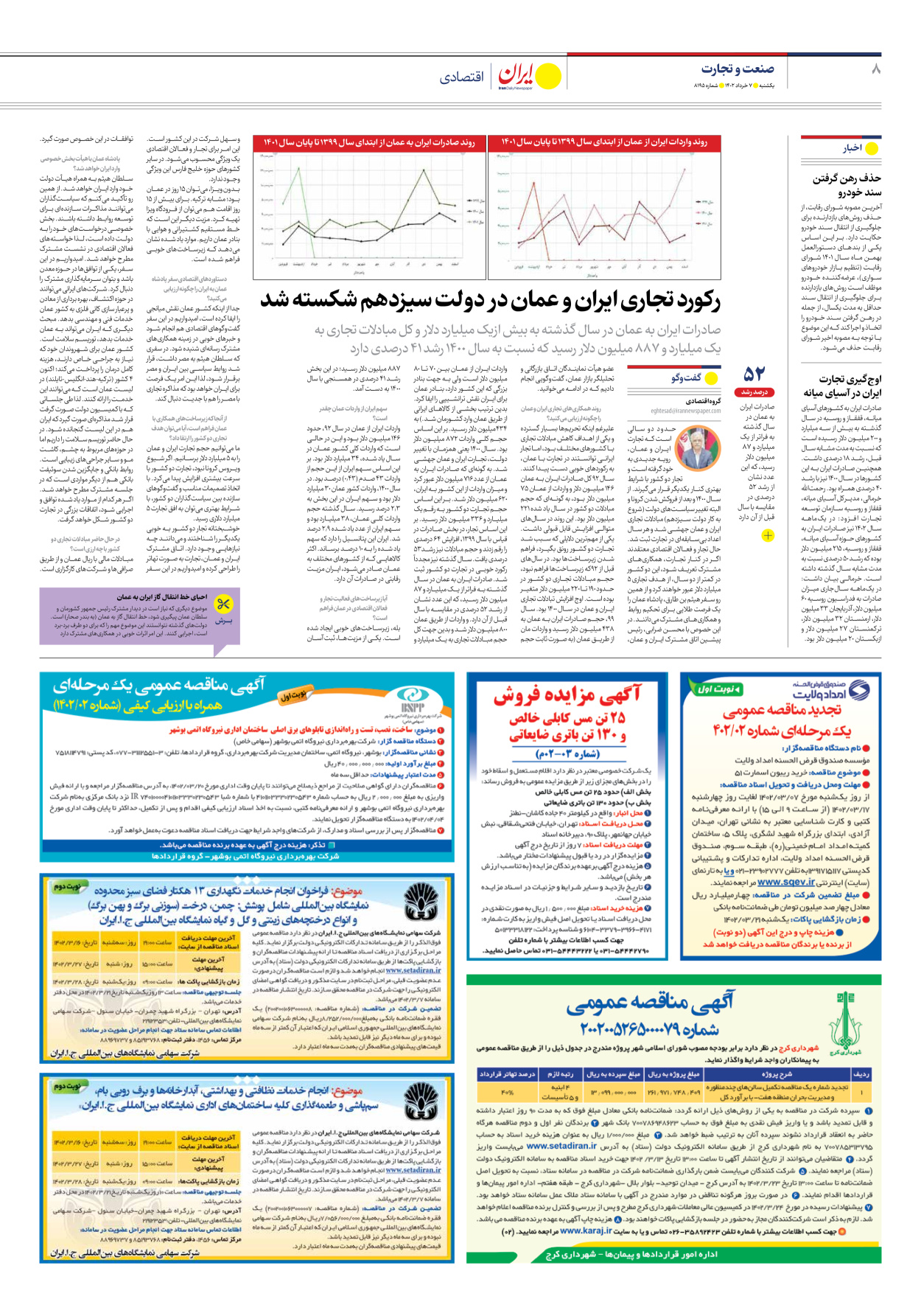 روزنامه ایران - شماره هشت هزار و صد و نود و پنج - ۰۷ خرداد ۱۴۰۲ - صفحه ۸
