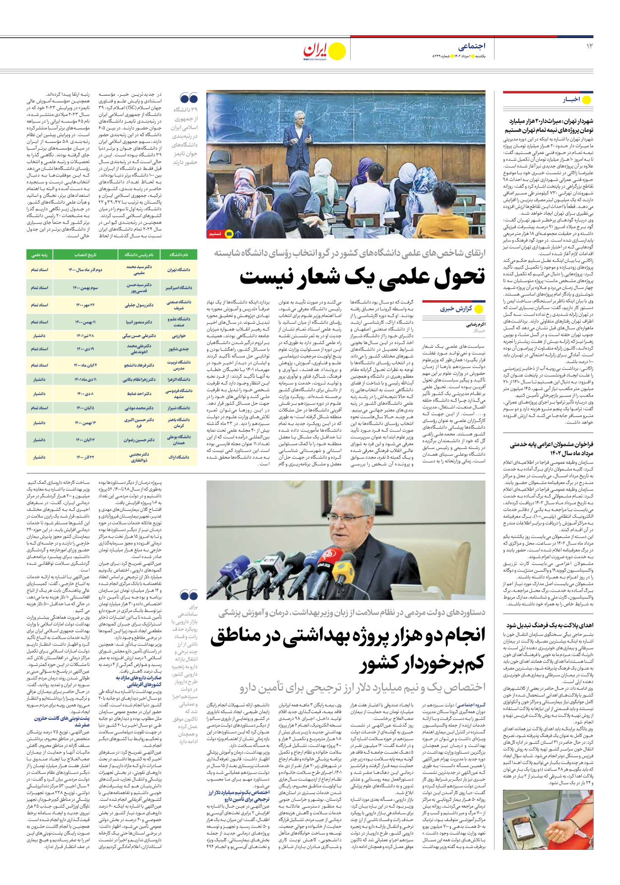 روزنامه ایران - شماره هشت هزار و دویست و سی و نه - ۰۱ مرداد ۱۴۰۲ - صفحه ۱۲
