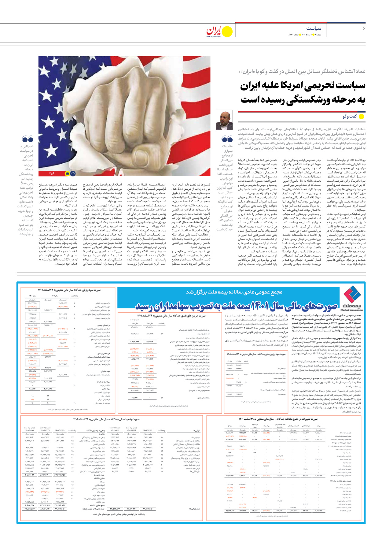 روزنامه ایران - شماره هشت هزار و دویست و چهل - ۰۲ مرداد ۱۴۰۲ - صفحه ۶