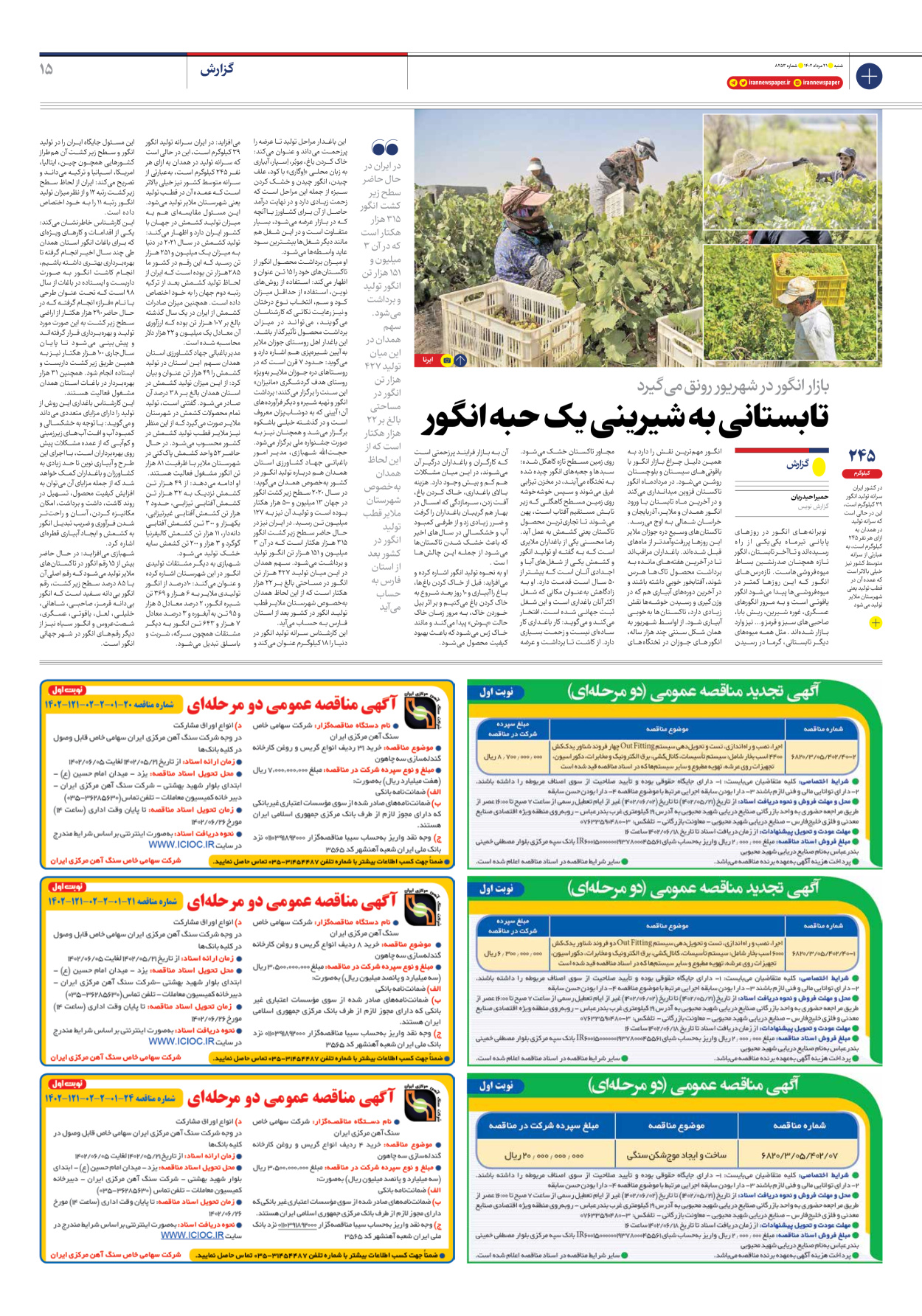 روزنامه ایران - شماره هشت هزار و دویست و پنجاه و سه - ۲۱ مرداد ۱۴۰۲ - صفحه ۱۵
