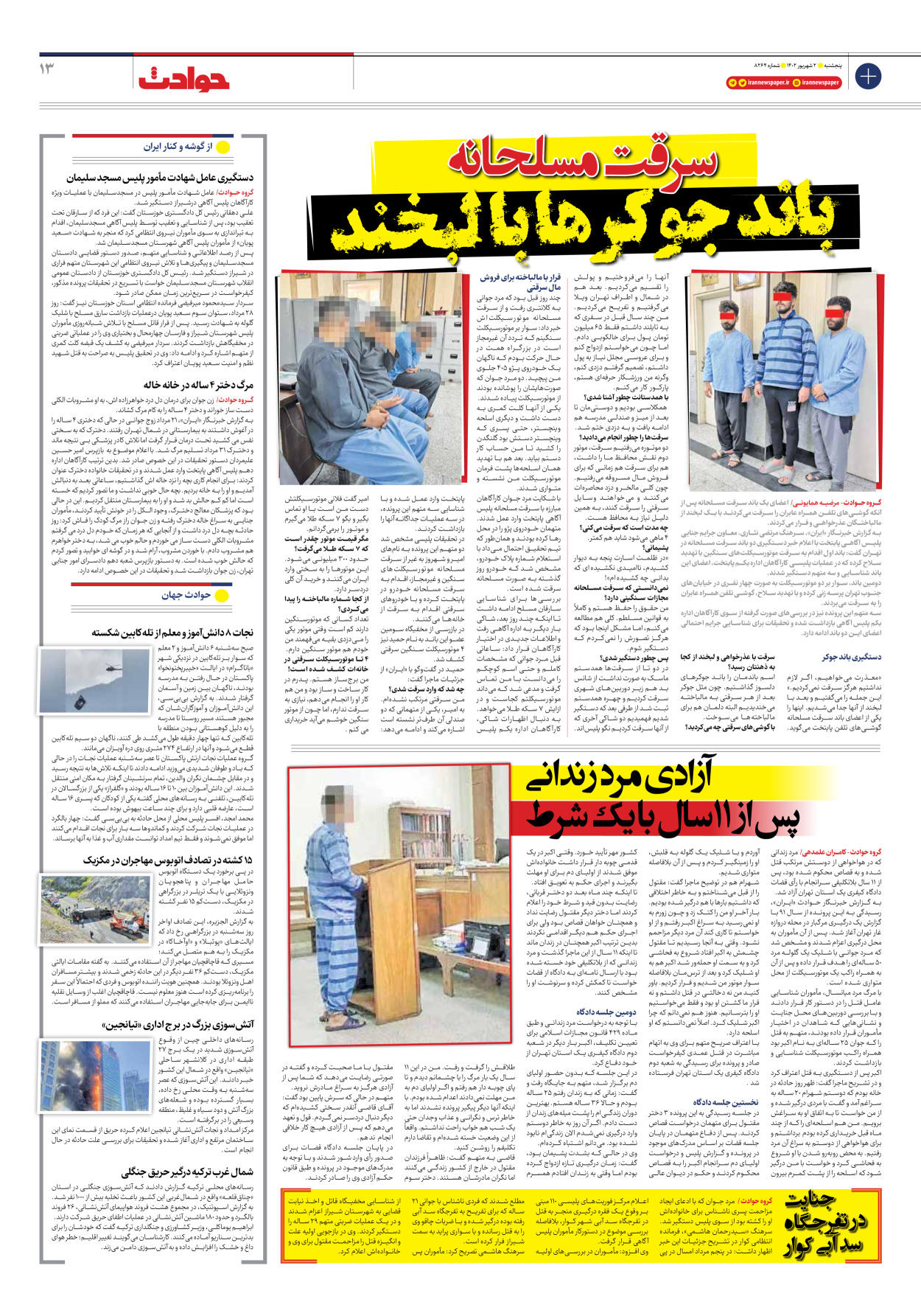 روزنامه ایران - شماره هشت هزار و دویست و شصت و چهار - ۰۲ شهریور ۱۴۰۲ - صفحه ۱۳
