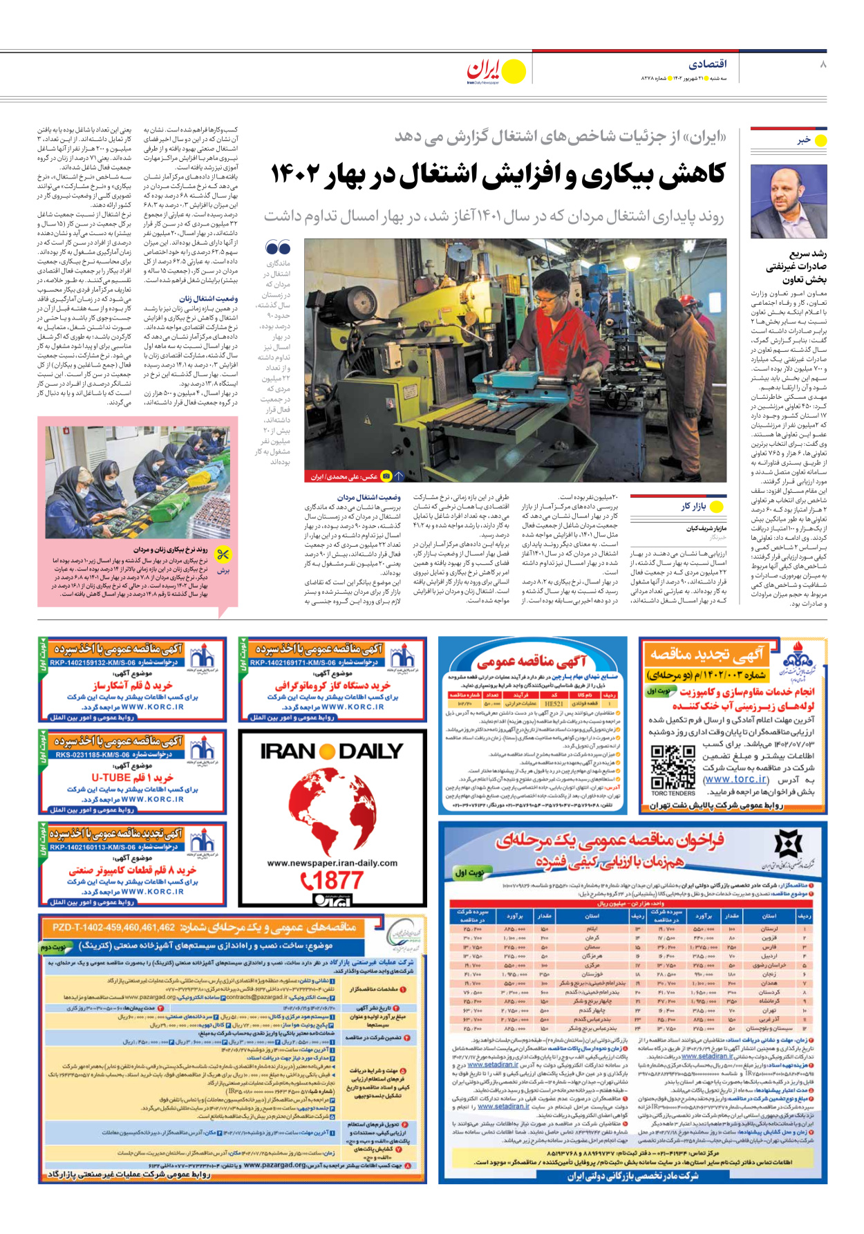 روزنامه ایران - شماره هشت هزار و دویست و هفتاد و هشت - ۲۱ شهریور ۱۴۰۲ - صفحه ۸