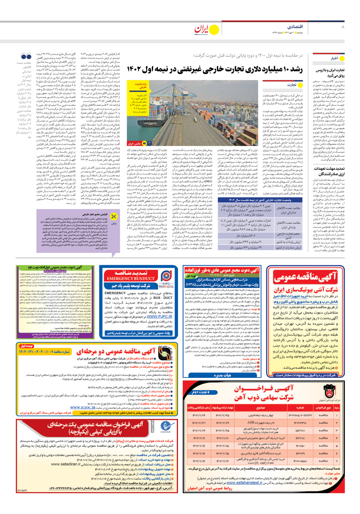 روزنامه ایران - شماره هشت هزار و دویست و نود و دو - ۱۰ مهر ۱۴۰۲ - صفحه ۸