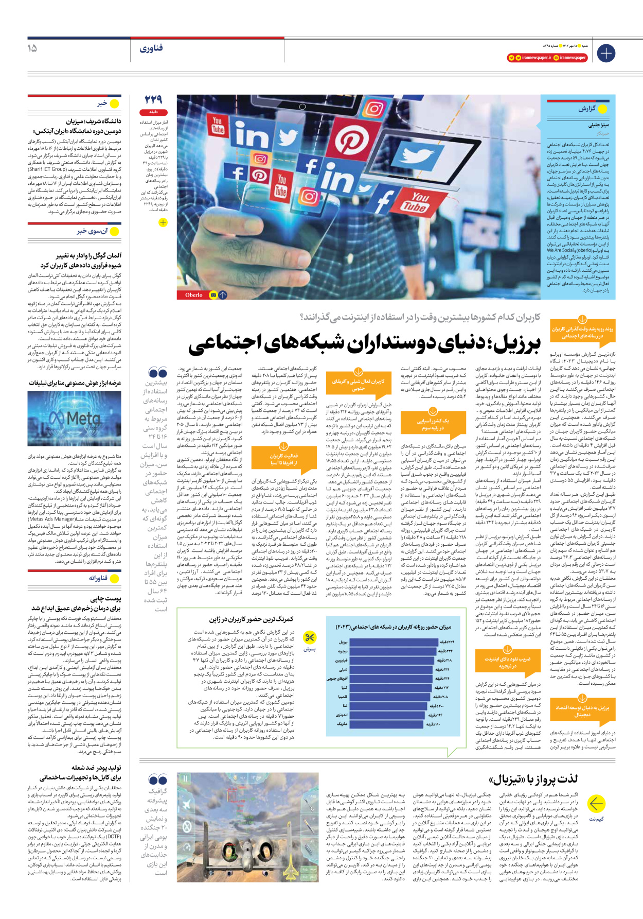 روزنامه ایران - شماره هشت هزار و دویست و نود و پنج - ۱۵ مهر ۱۴۰۲ - صفحه ۱۵
