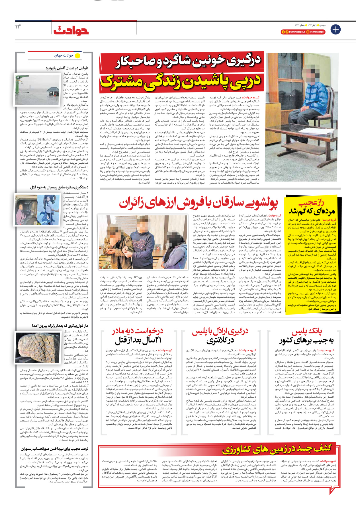 روزنامه ایران - شماره هشت هزار و سیصد و نه - ۰۱ آبان ۱۴۰۲ - صفحه ۱۳