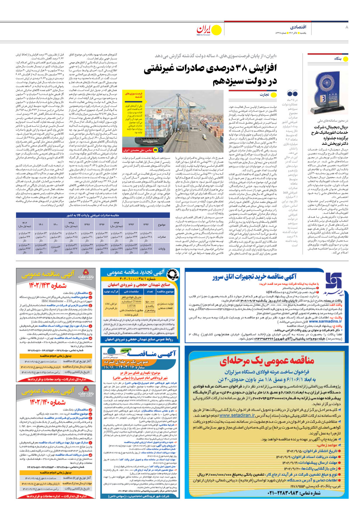 روزنامه ایران - شماره هشت هزار و سیصد و سی و هشت - ۰۵ آذر ۱۴۰۲ - صفحه ۸