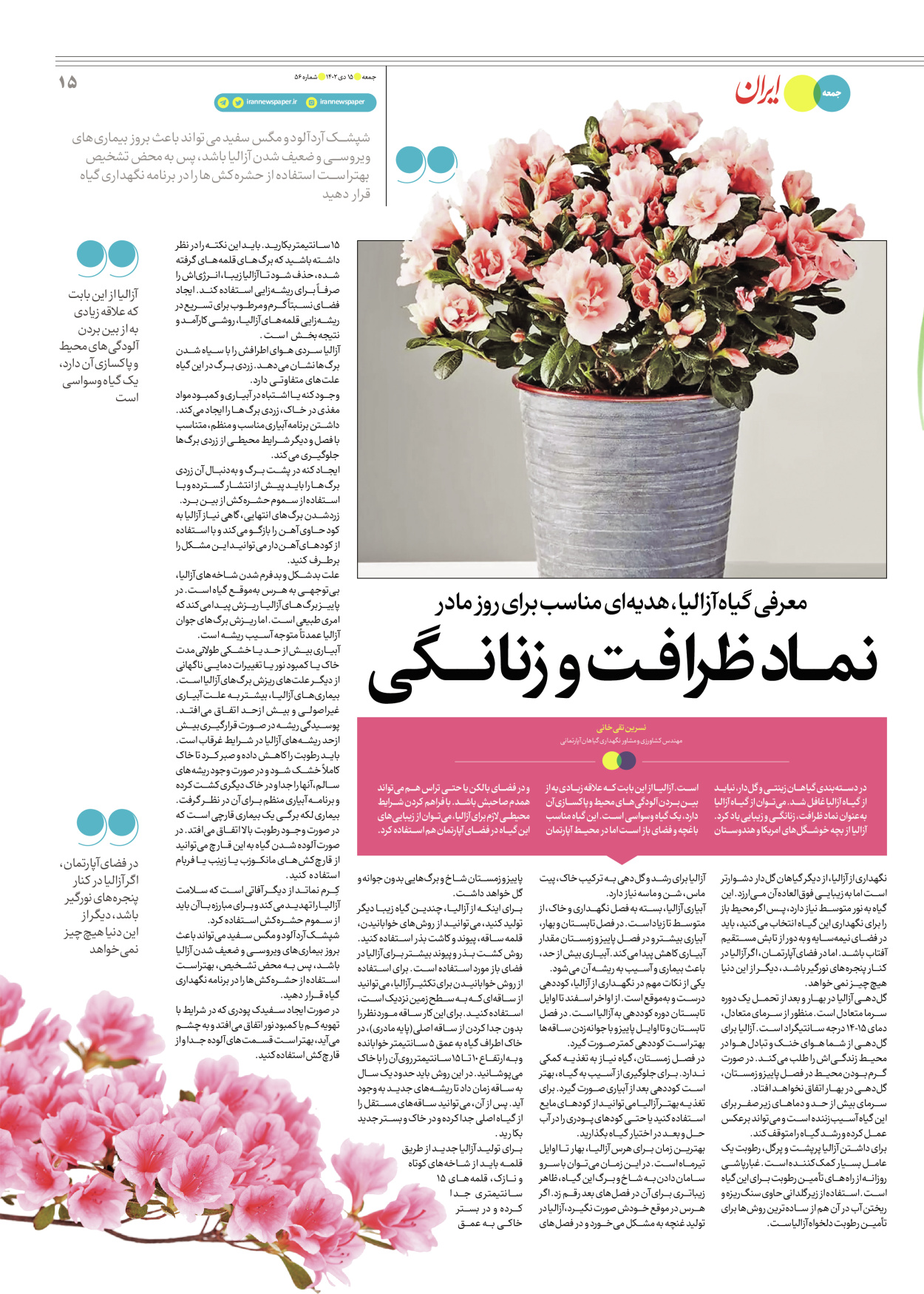 روزنامه ایران - ویژه نامه جمعه ۵۶ - ۱۴ دی ۱۴۰۲ - صفحه ۱۵