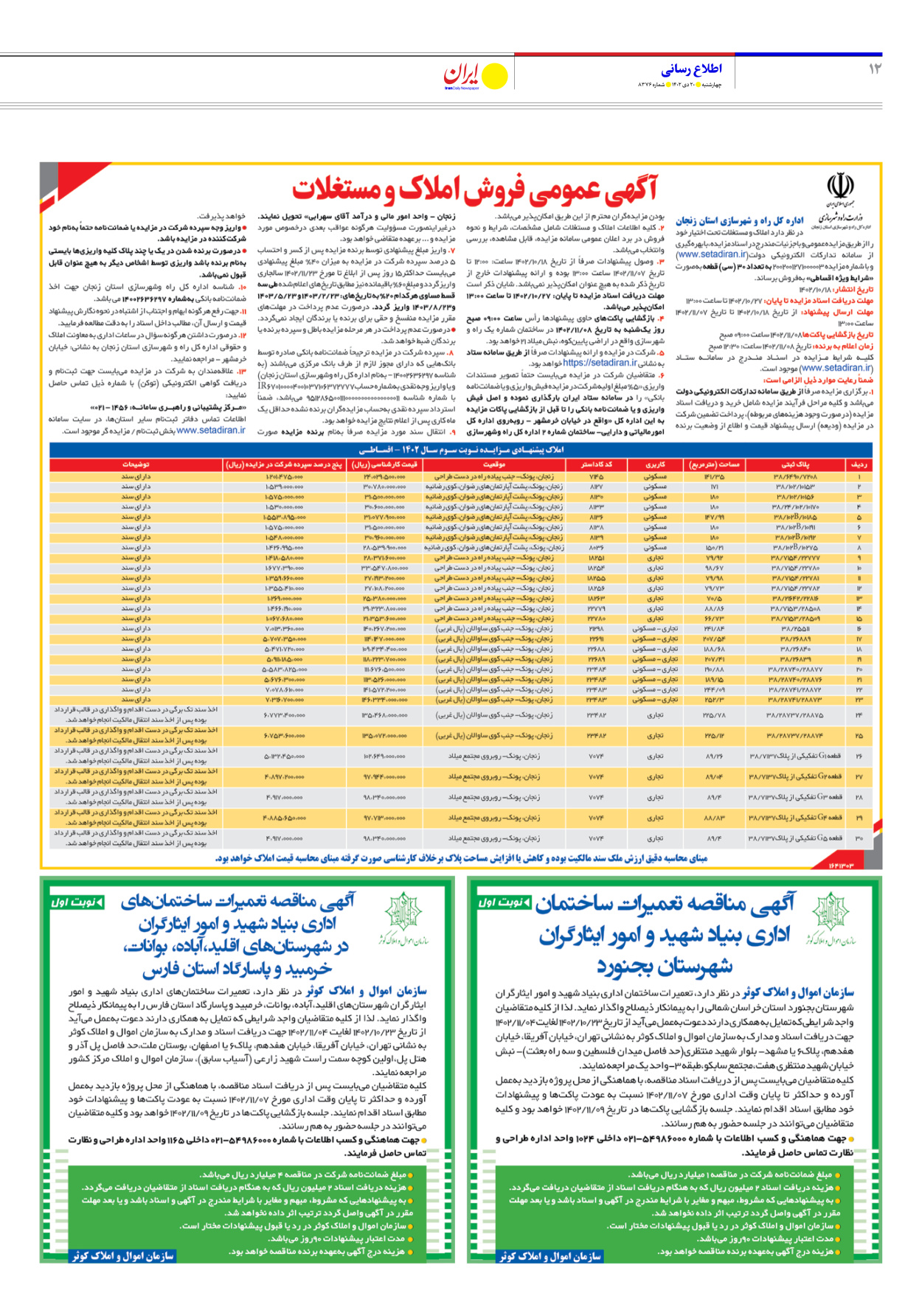 روزنامه ایران - شماره هشت هزار و سیصد و هفتاد و شش - ۲۰ دی ۱۴۰۲ - صفحه ۱۲