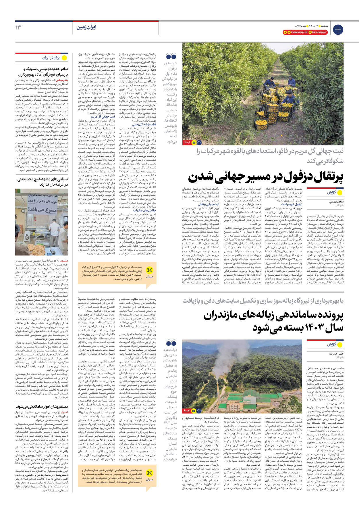 روزنامه ایران - شماره هشت هزار و سیصد و هشتاد و سه - ۲۸ دی ۱۴۰۲ - صفحه ۱۳