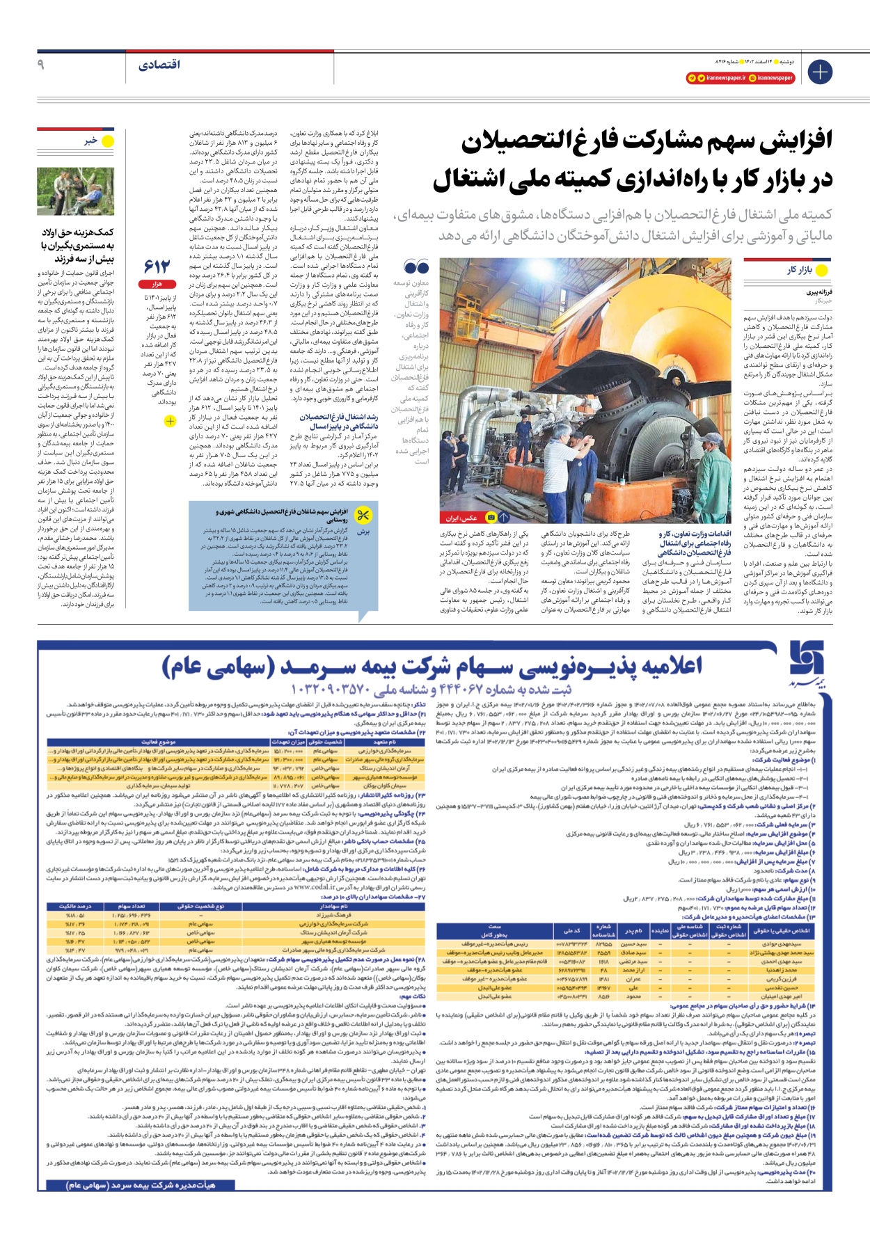 روزنامه ایران - شماره هشت هزار و چهارصد و شانزده - ۱۴ اسفند ۱۴۰۲ - صفحه ۹