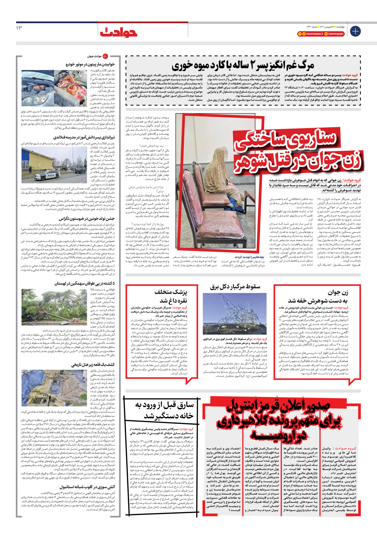 روزنامه ایران - شماره هشت هزار و چهارصد و سی - ۱۵ فروردین ۱۴۰۳ - صفحه ۱۳