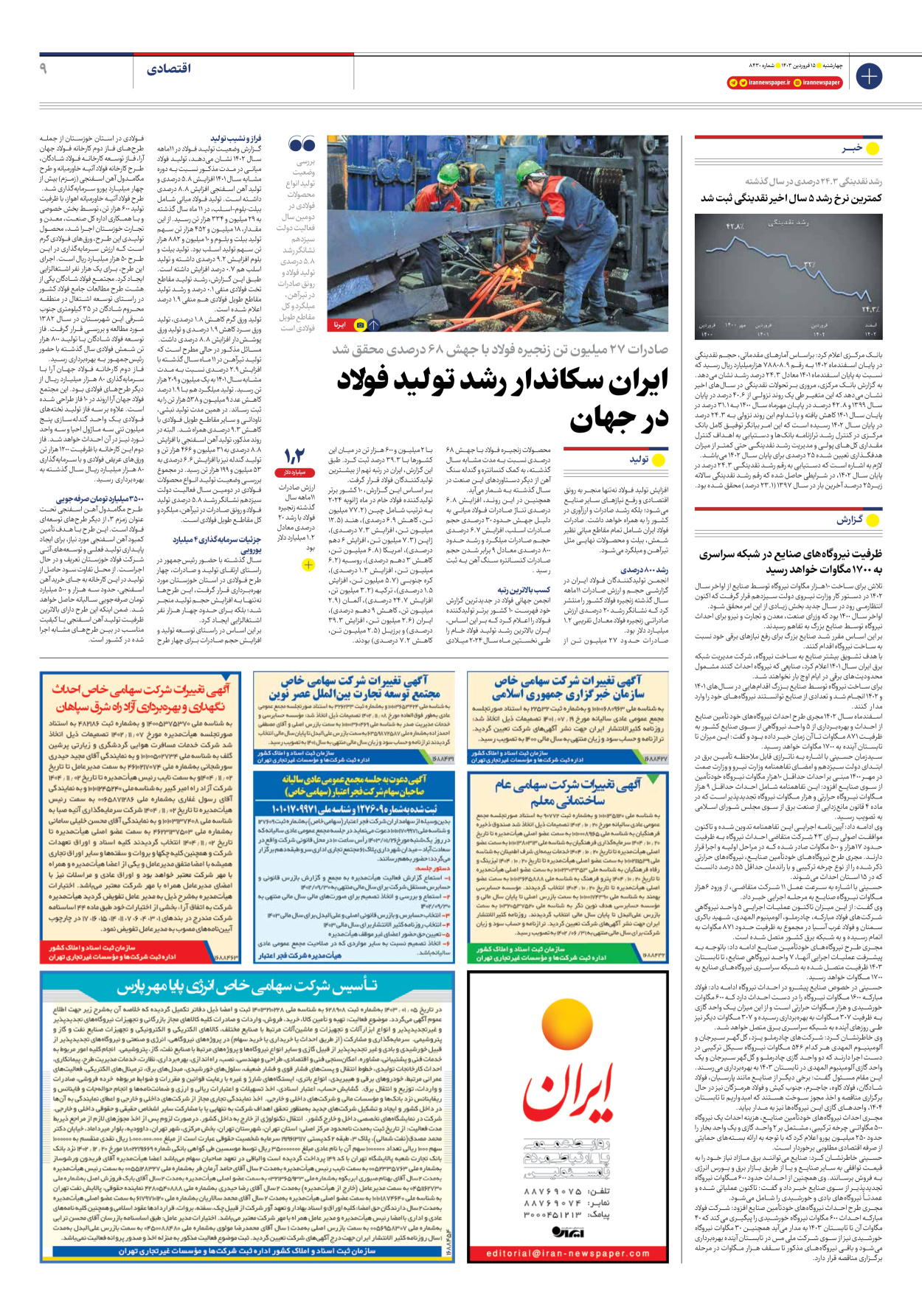 روزنامه ایران - شماره هشت هزار و چهارصد و سی - ۱۵ فروردین ۱۴۰۳ - صفحه ۹