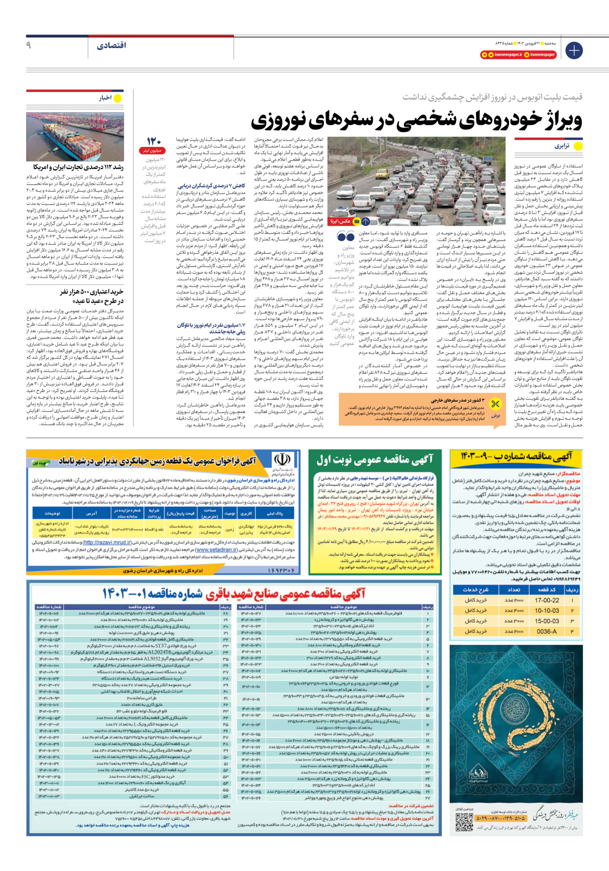 روزنامه ایران - شماره هشت هزار و چهارصد و سی و پنج - ۲۱ فروردین ۱۴۰۳ - صفحه ۹