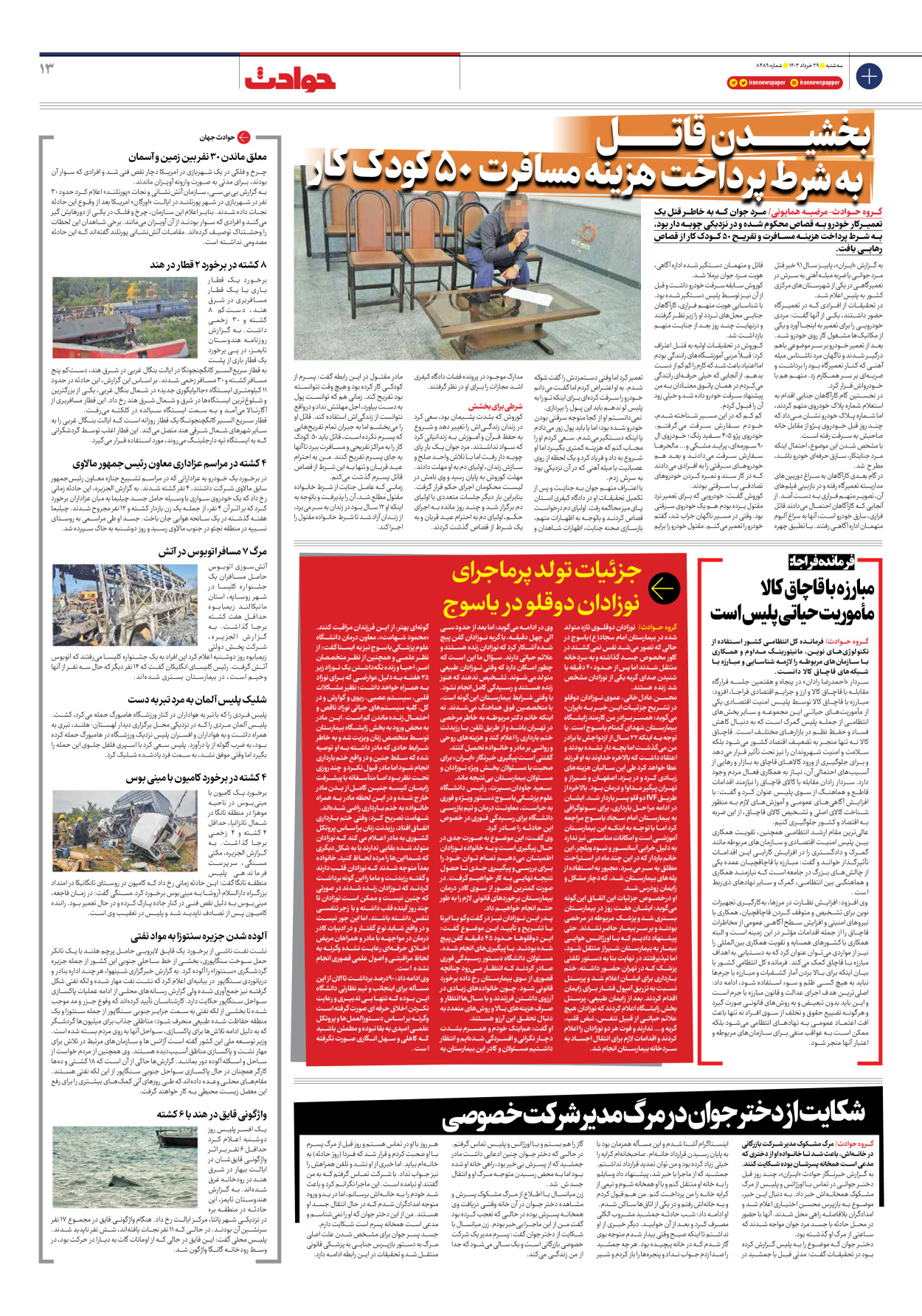 روزنامه ایران - شماره هشت هزار و چهارصد و هشتاد و نه - ۲۹ خرداد ۱۴۰۳ - صفحه ۱۳