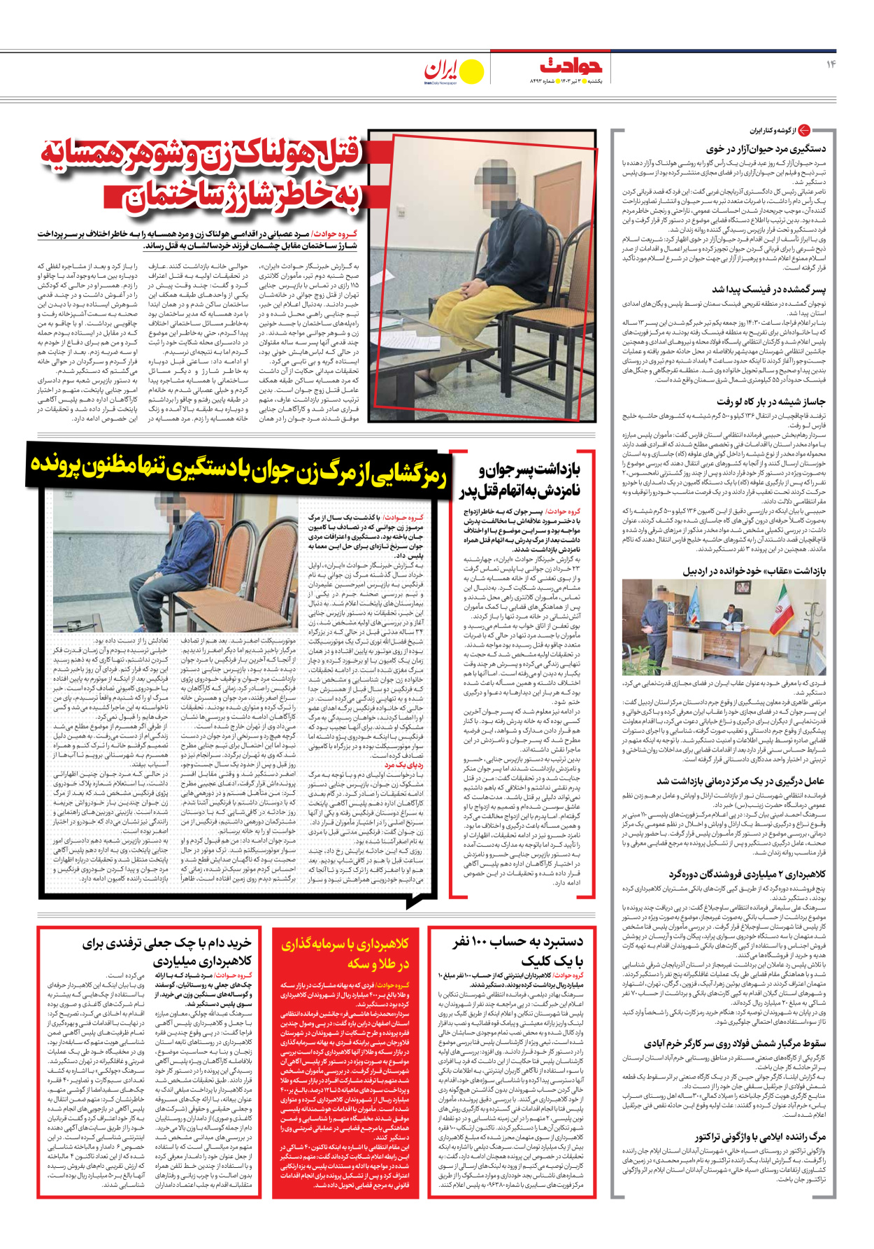 روزنامه ایران - شماره هشت هزار و چهارصد و نود و سه - ۰۳ تیر ۱۴۰۳ - صفحه ۱۴
