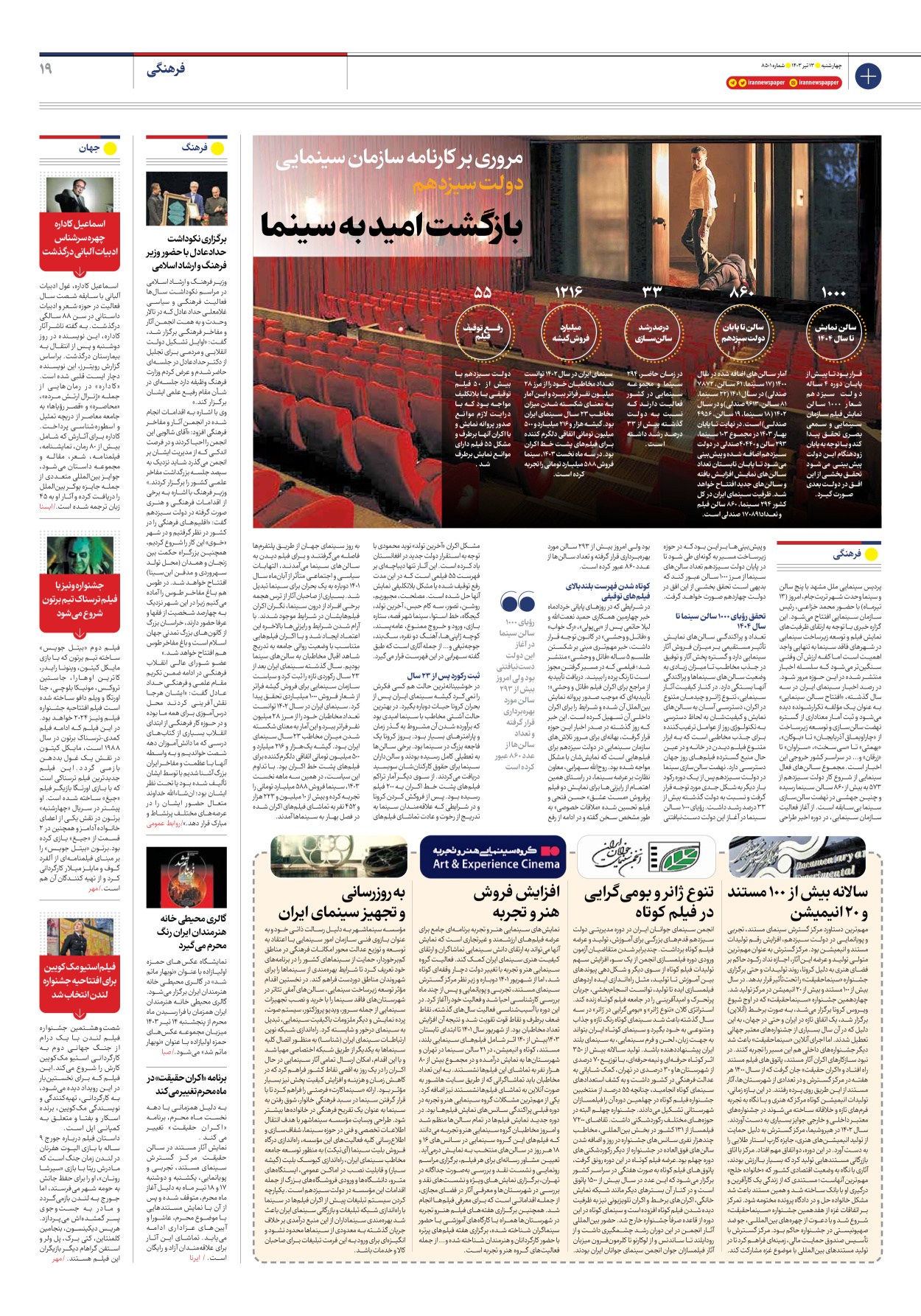 روزنامه ایران - شماره هشت هزار و پانصد و یک - ۱۳ تیر ۱۴۰۳ - صفحه ۱۹