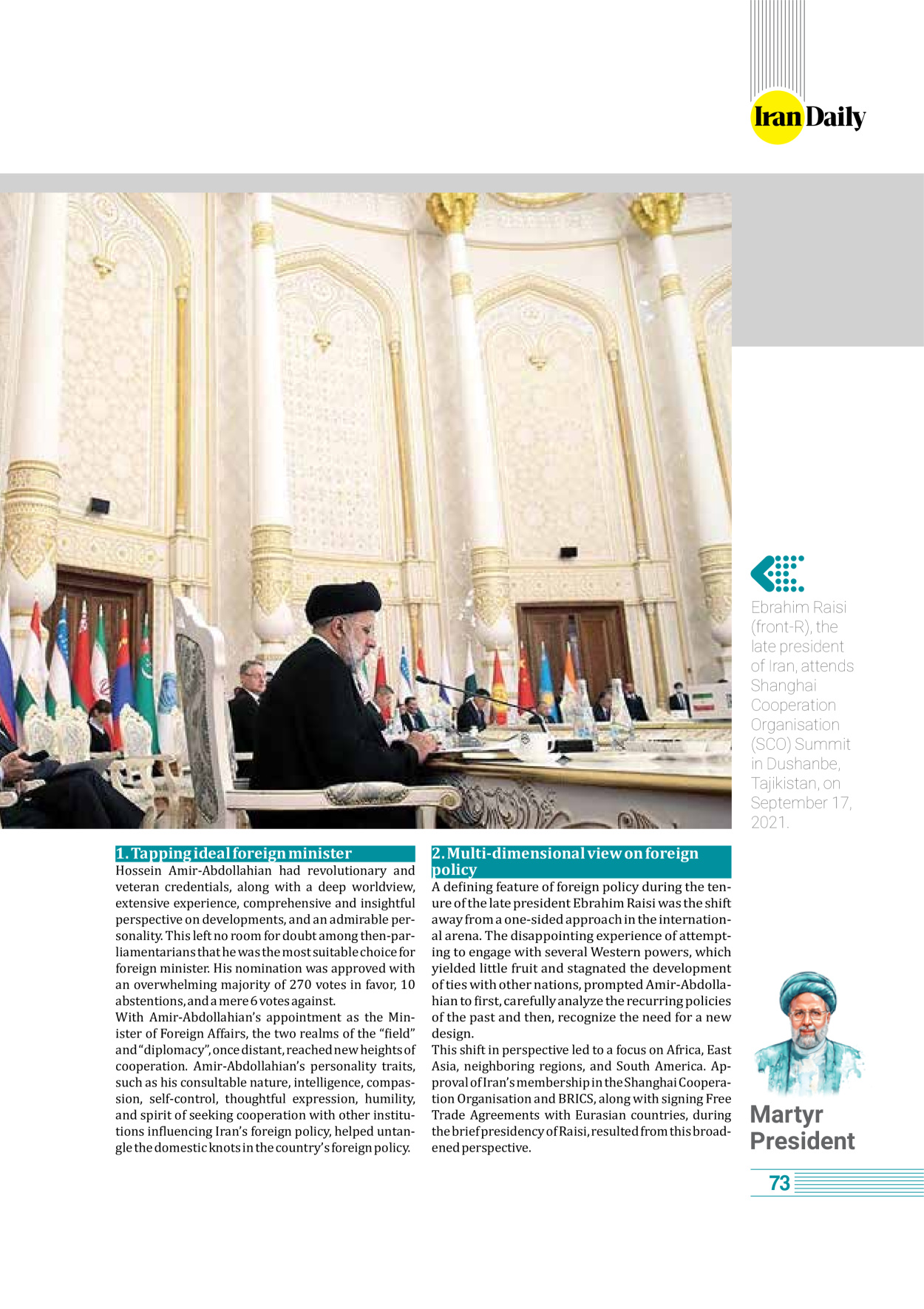 روزنامه ایران - ویژه نامه وِزه نامه چهلم شهید رییسی( انگلیسی) - ۱۷ تیر ۱۴۰۳ - صفحه ۷۳