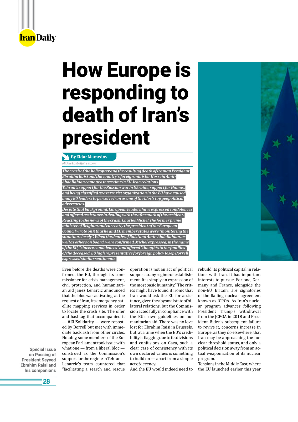 روزنامه ایران - ویژه نامه وِزه نامه چهلم شهید رییسی( انگلیسی) - ۱۷ تیر ۱۴۰۳ - صفحه ۲۸