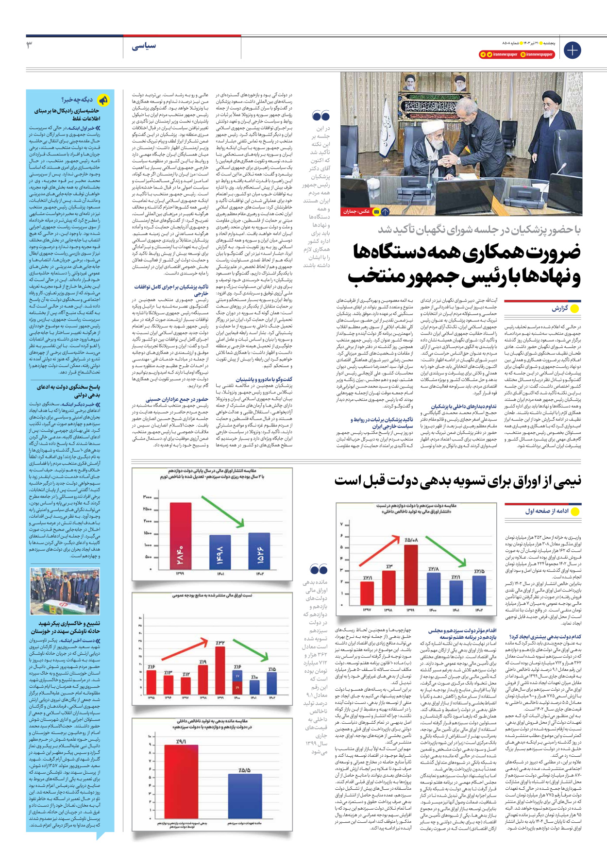 روزنامه ایران - شماره هشت هزار و پانصد و هشت - ۲۱ تیر ۱۴۰۳ - صفحه ۳