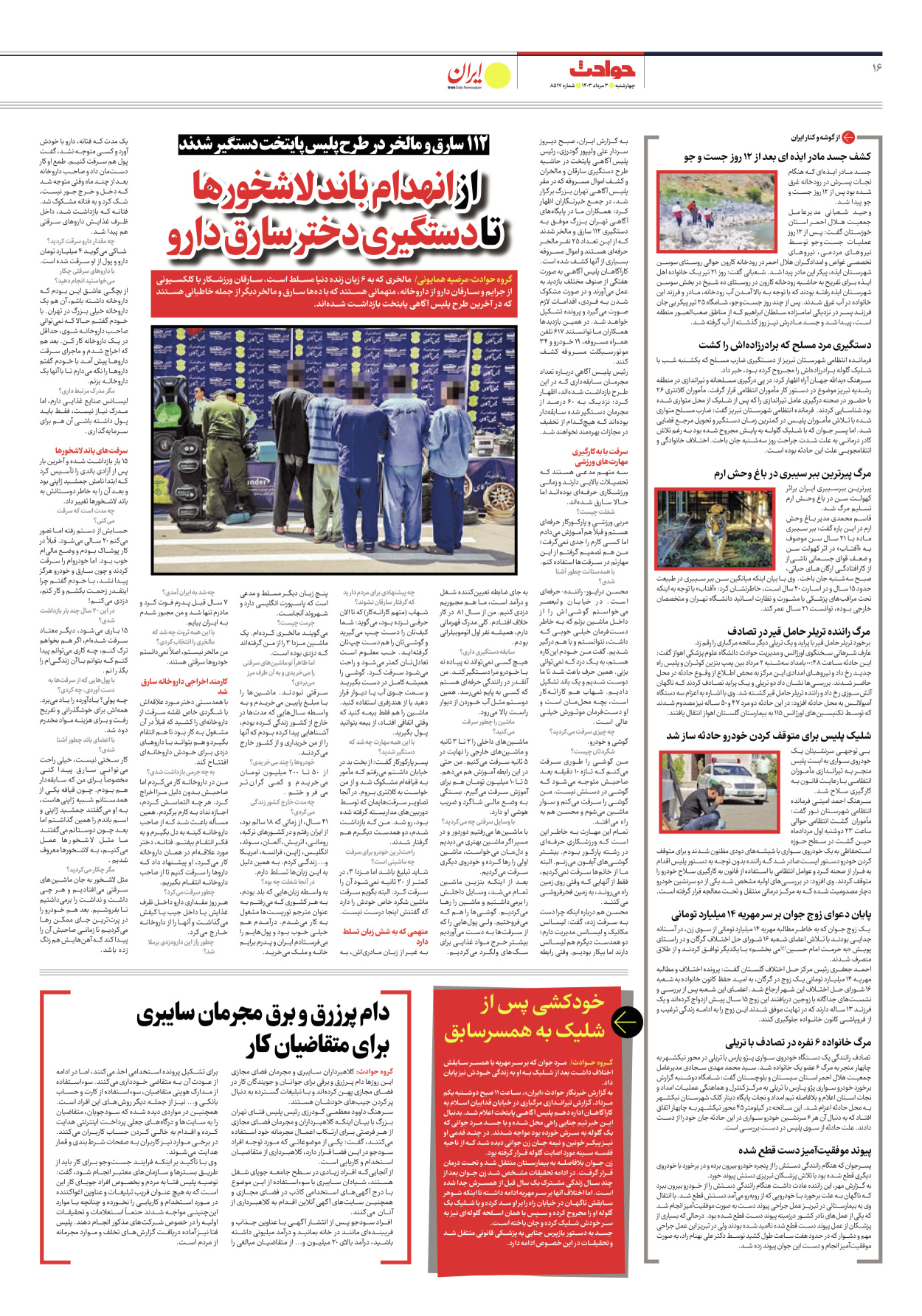 روزنامه ایران - شماره هشت هزار و پانصد و هفده - ۰۳ مرداد ۱۴۰۳ - صفحه ۱۶