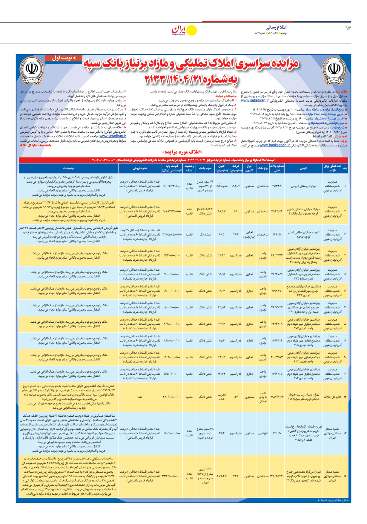  - شماره هشت هزار و هشتصد و هفتاد و شش - ۱۲ آبان ۱۴۰۴