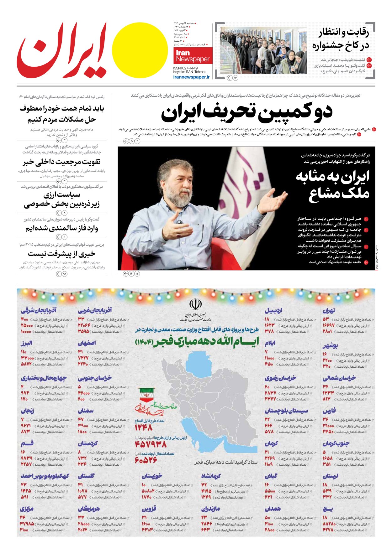  - شماره هشت هزار و نهصد و پنجاه و دو - ۱۴ بهمن ۱۴۰۴